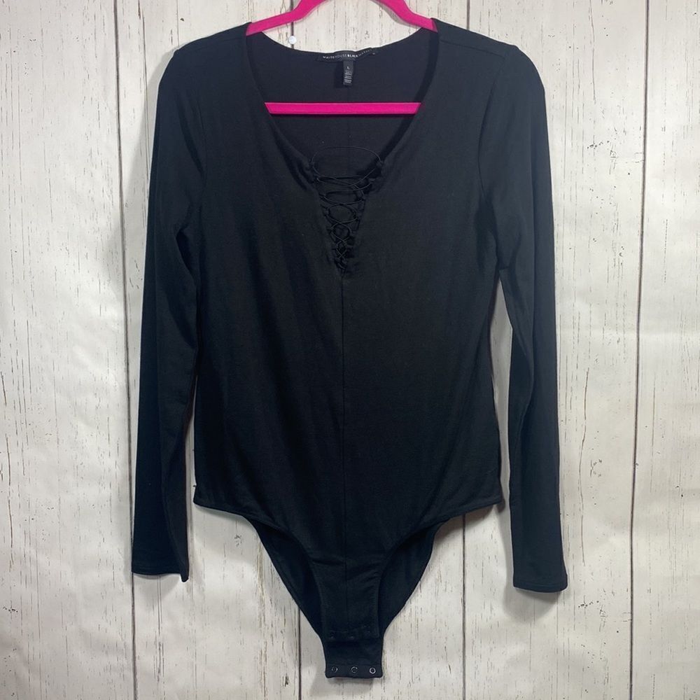 White House Black Market Lace Up Black Long Sleeve Womens Bodysuit